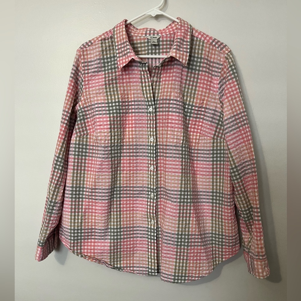 L.L. Bean 100% Cotton Vacationland Seersucker Shirt Multicolor Plaid Button-Up